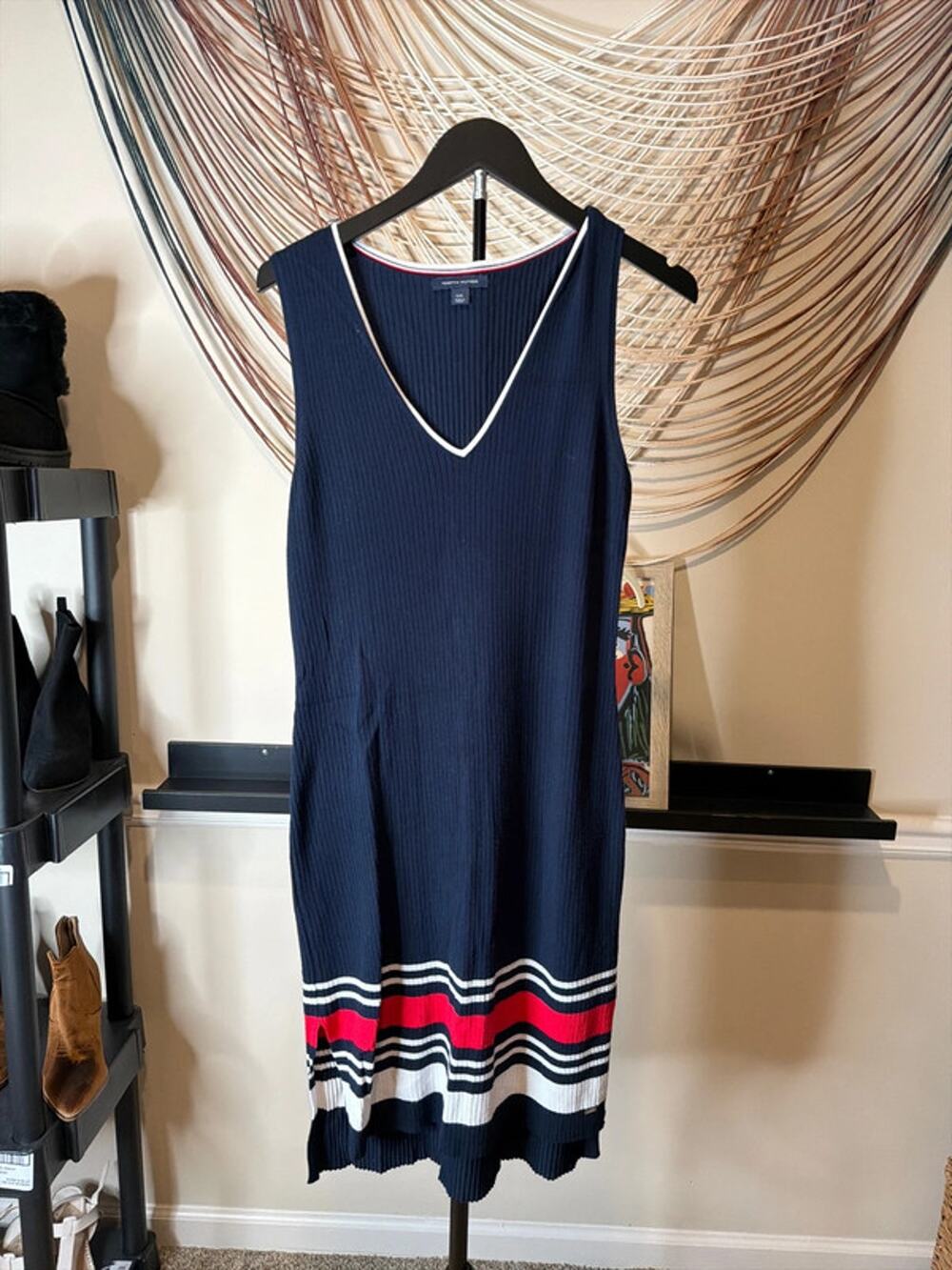 Tommy Hilfiger V-neck ribbed knit sweater dress EUC L 3018